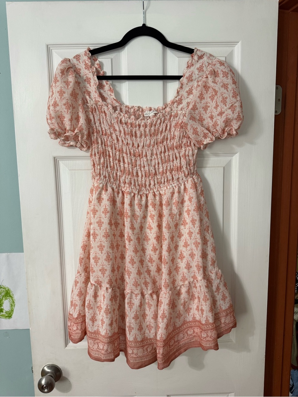 Blu Pepper Peach Floral Smocked Puff Sleeve Dress